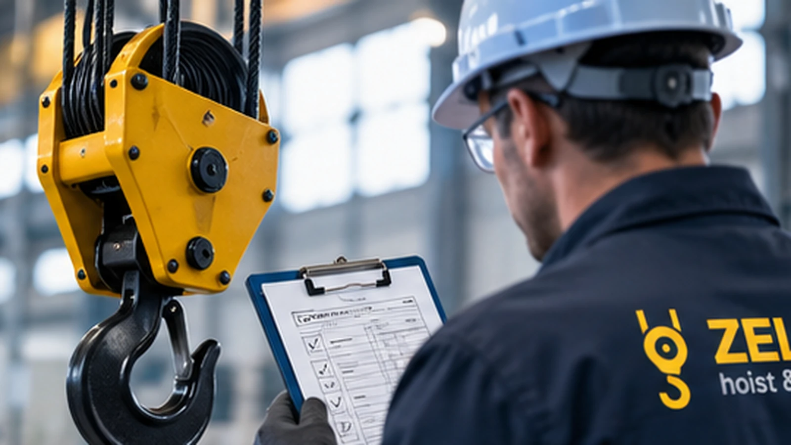 Qualified technician inspecting a crane hook block against a checklist